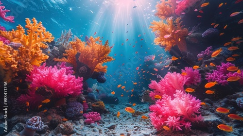 Beautiful tropical coral reef illuminated by sunlight, with a vibrant shoal of red Anthias coral fish swimming. Perfect for marine life, underwater scenes, coral reefs, and ocean-themed visuals