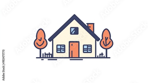 Simple line art of a house with two trees and a fence.