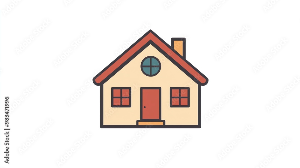 A simple, cartoon illustration of a house with a red roof and windows.
