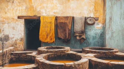 Leather drying near stone vats in a traditional tannery photo