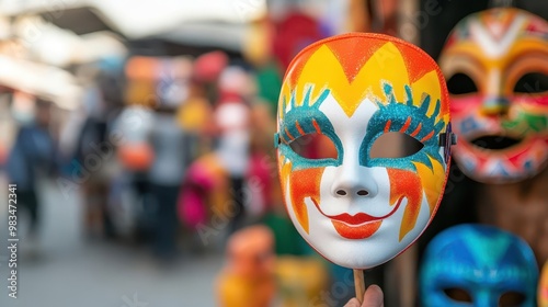 Street vendor selling bright Carnival masks at a bustling Rio Carnival market focus on - Souvenirs of celebration - whimsical - Overlay - Street market backdrop photo