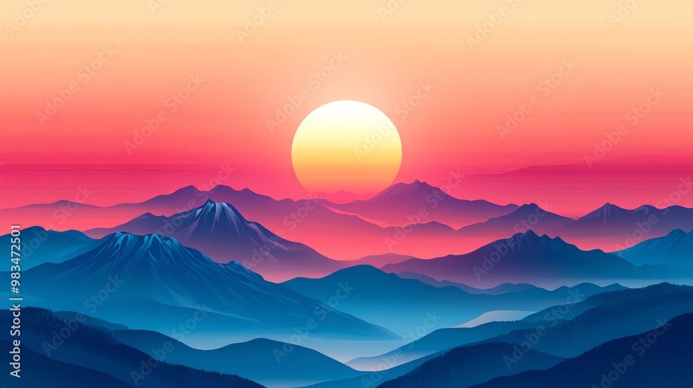 Fototapeta premium A digital art illustration of a sunset over mountain ranges.