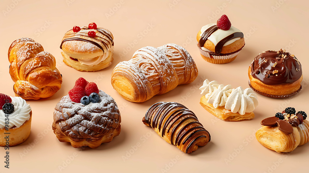 Various pastries and danishes on a beige background. Various pastries and danishes on a beige background.