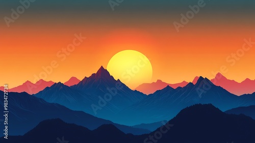 Silhouettes of mountains with an orange and yellow sunset.