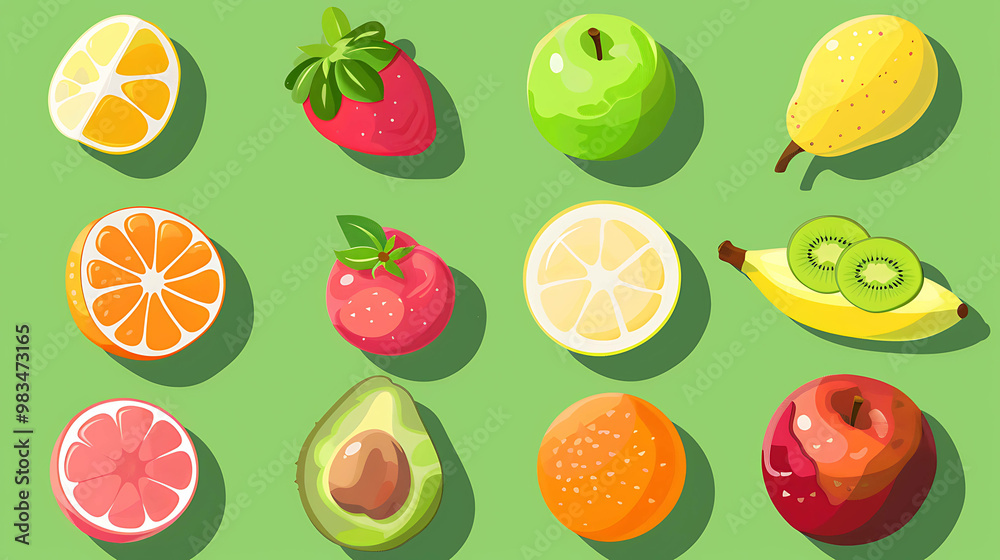 A collection of fresh fruits on a green background. A collection of fresh fruits on a green background.