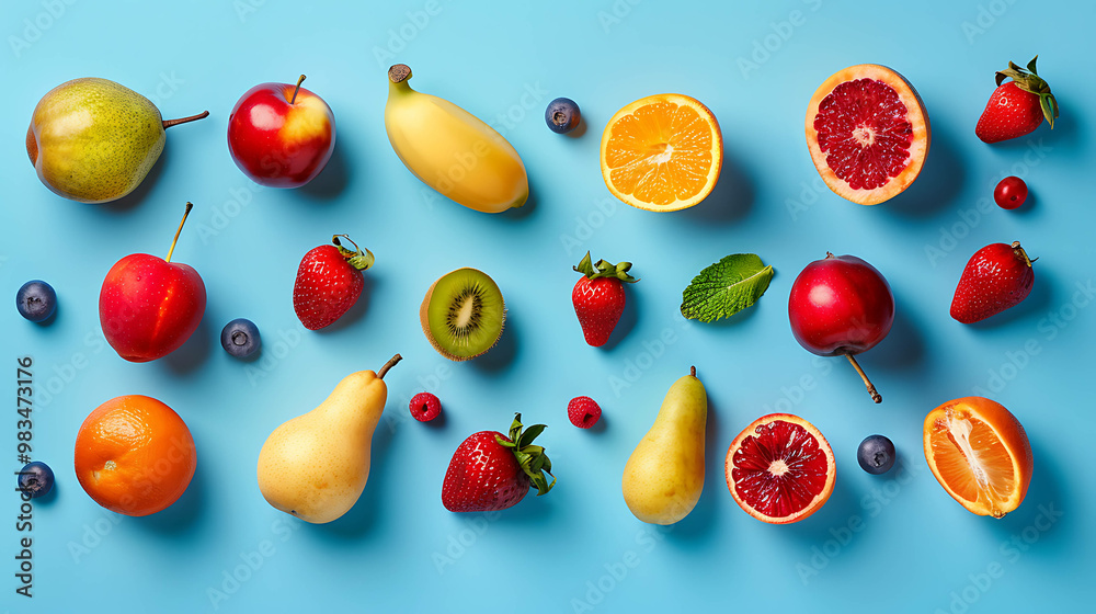 A variety of fresh fruit arranged on a blue background. A variety of fresh fruit arranged on a blue background.