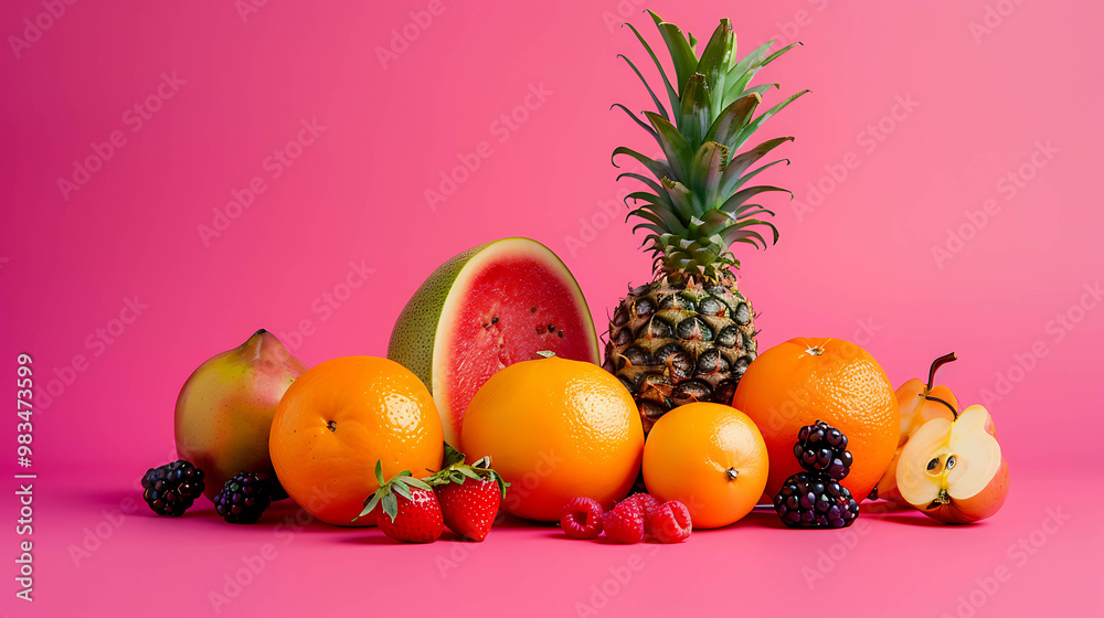 A vibrant display of fresh fruit on a pink background. A vibrant display of fresh fruit on a pink background.