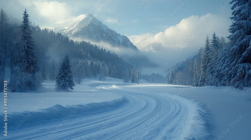 A serene winter scene showcases a winding road through deep snow, surrounded by snow-covered trees and mountains beneath a soft cloud cover A serene winter scene showcases a winding road through deep snow, surrounded by snow-covered trees and mountains beneath a soft cloud cover