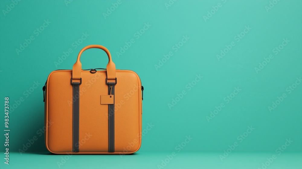 Orange Leather Briefcase on Turquoise Background Orange Leather Briefcase on Turquoise Background