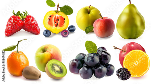 A selection of fresh fruit, including strawberries, apples, pears, kiwi, oranges, grapes, and blueberries.