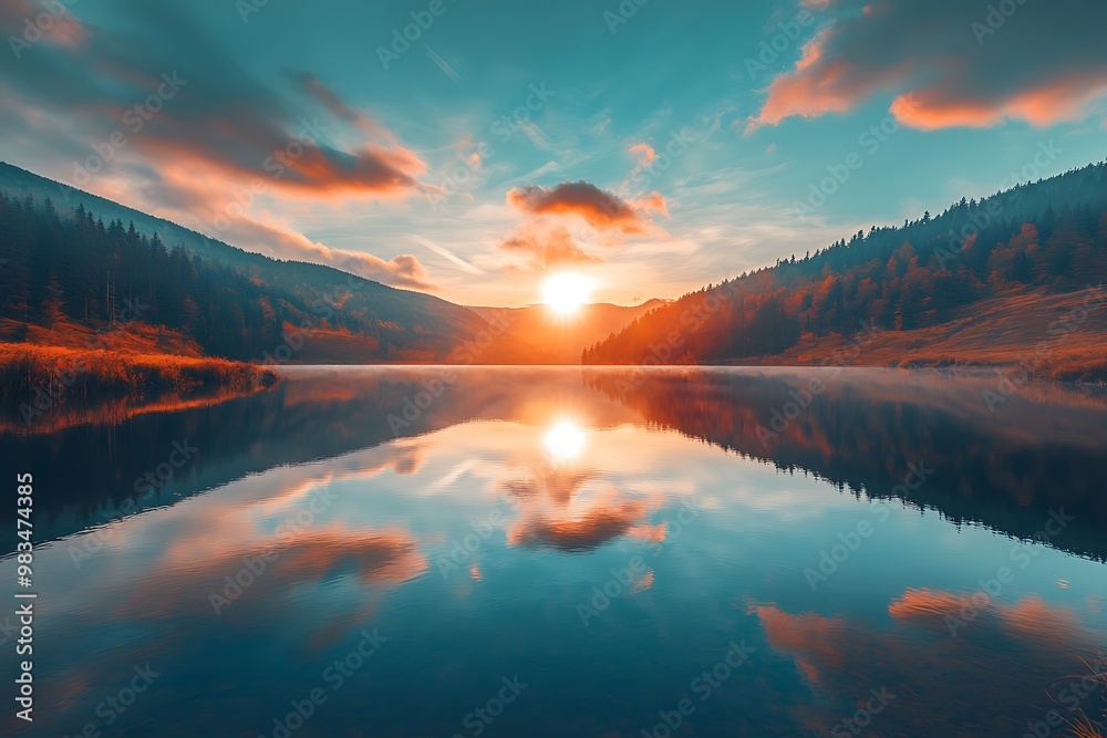 Obraz premium Golden Hour Sunset Reflected in Calm Lake Water with Mountain Silhouette