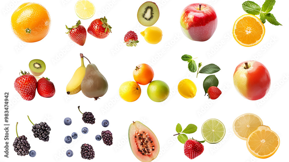 A collection of fresh fruits, including apples, oranges, strawberries, kiwi, lemons, limes, papaya, and blueberries. A collection of fresh fruits, including apples, oranges, strawberries, kiwi, lemons, limes, papaya, and blueberries.