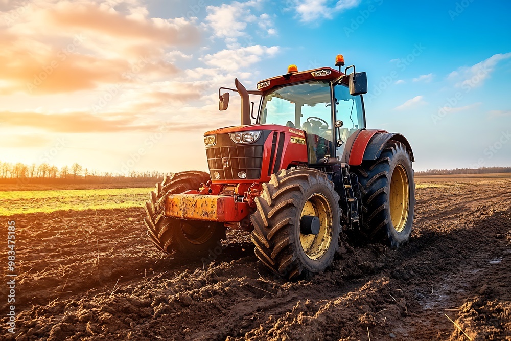 Fototapeta premium Red tractor in a field at sunset. Agriculture, farming, machinery, landscape, rural, sunset, golden hour