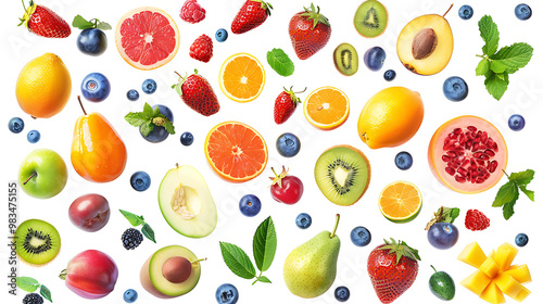 A colorful assortment of fresh fruit and berries, including kiwi, pear, avocado, and strawberries.