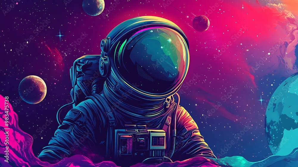 An astronaut in a vibrant cosmic landscape with planets and colorful nebulae. An astronaut in a vibrant cosmic landscape with planets and colorful nebulae.
