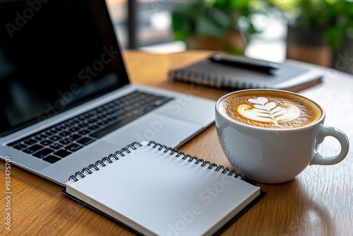 Author's workspace with a cup of coffee, notebooks, and a laptop, showing the modern process of writing