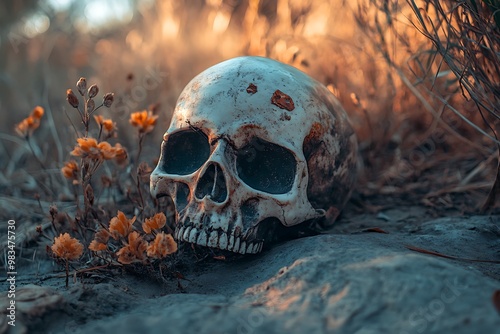 Human skull with flowers in a surreal and eerie setting,  symbolizing life and death