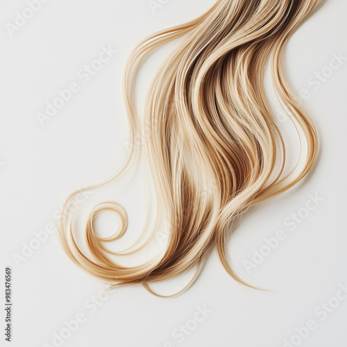 A strand of blonde wavy hair on a white background