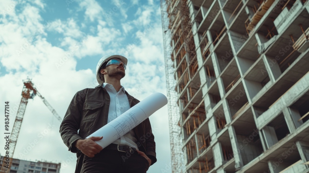 Construction Worker Holding Blueprint in Front of Unfinished Building Construction Worker Holding Blueprint in Front of Unfinished Building