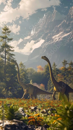 Majestic Dinosaur Landscape with Mountain Forest and Meadow in Prehistoric Era photo