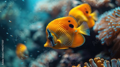 Beautiful underwater scene featuring a vibrant coral reef and a pair of Yellow Masked Butterflyfish (Blue-cheeked Butterflyfish). Perfect for marine life, coral reefs, and ocean-themed visuals