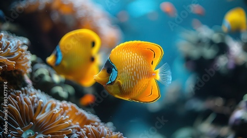 Beautiful underwater scene featuring a vibrant coral reef and a pair of Yellow Masked Butterflyfish (Blue-cheeked Butterflyfish). Perfect for marine life, coral reefs, and ocean-themed visuals