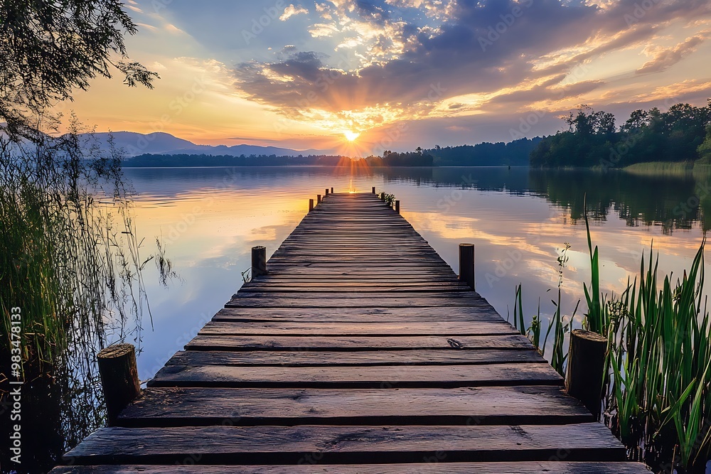Fototapeta premium Sunset over calm lake with wooden pier, serene and peaceful landscape