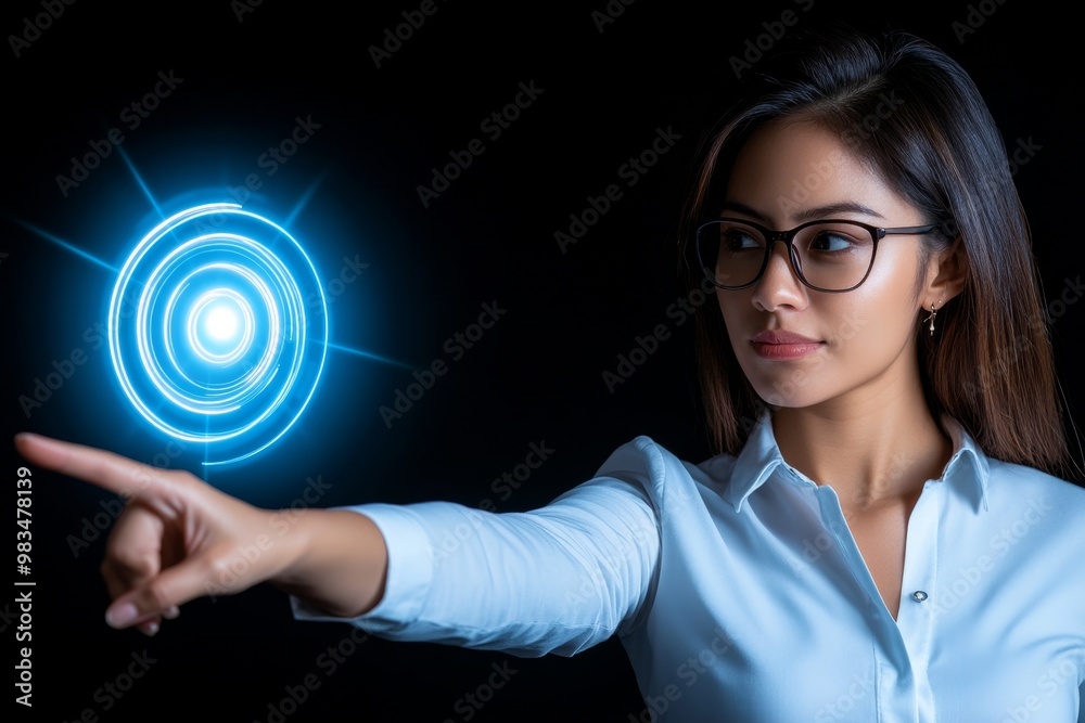 Businesswoman pointing at a glowing target, symbolizing clarity, focus, and the path to business success