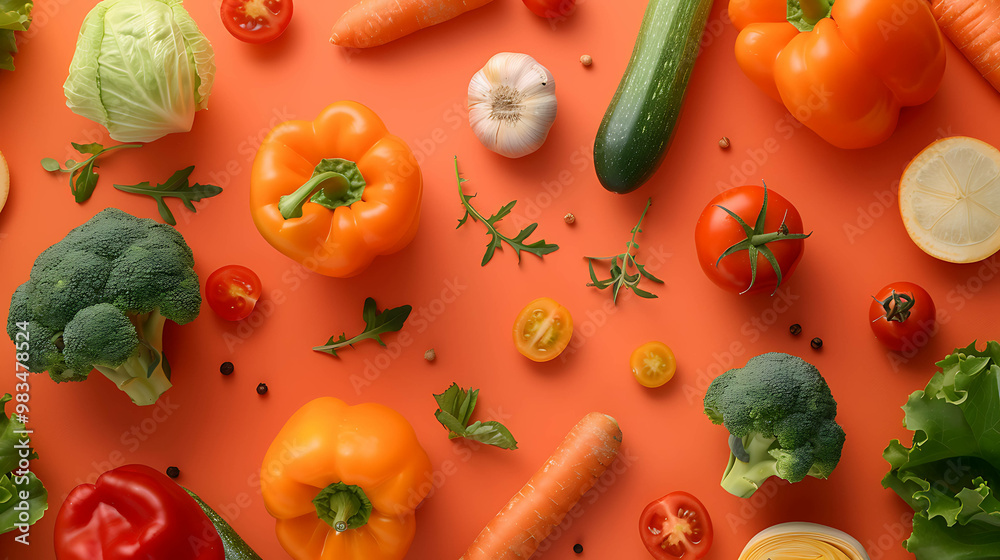 Flat lay of fresh vegetables and herbs on orange background. Flat lay of fresh vegetables and herbs on orange background.