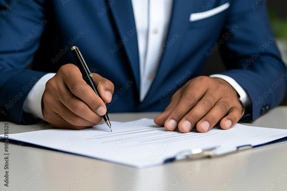 Close-up of a business owner signing a contract, with documents and a pen on the table Close-up of a business owner signing a contract, with documents and a pen on the table