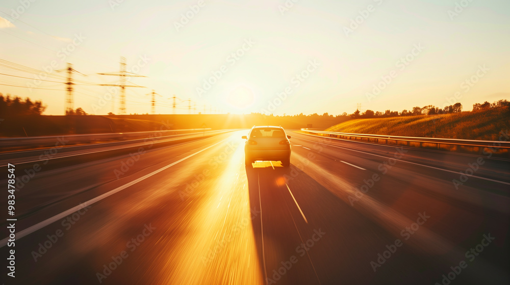 A solitary car travels an empty highway at sunset, golden light reflecting off its hood. The road stretches into the horizon, highlighting freedom and solitude.