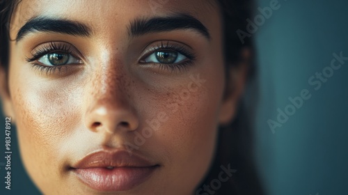 Close-up of a Woman's Face with Freckles and Green Eyes