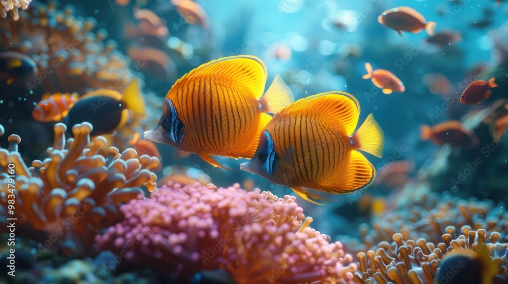 Beautiful underwater scene featuring a vibrant coral reef and a pair of Yellow Masked Butterflyfish (Blue-cheeked Butterflyfish). Perfect for marine life, coral reefs, and ocean-themed visuals Beautiful underwater scene featuring a vibrant coral reef and a pair of Yellow Masked Butterflyfish (Blue-cheeked Butterflyfish). Perfect for marine life, coral reefs, and ocean-themed visuals