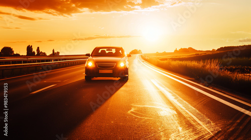 A solitary car travels an empty highway at sunset, golden light reflecting off its hood. The road stretches into the horizon, highlighting freedom and solitude.