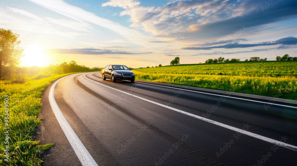 A solitary car travels an empty highway at sunset, golden light reflecting off its hood. The road stretches into the horizon, highlighting freedom and solitude. A solitary car travels an empty highway at sunset, golden light reflecting off its hood. The road stretches into the horizon, highlighting freedom and solitude.