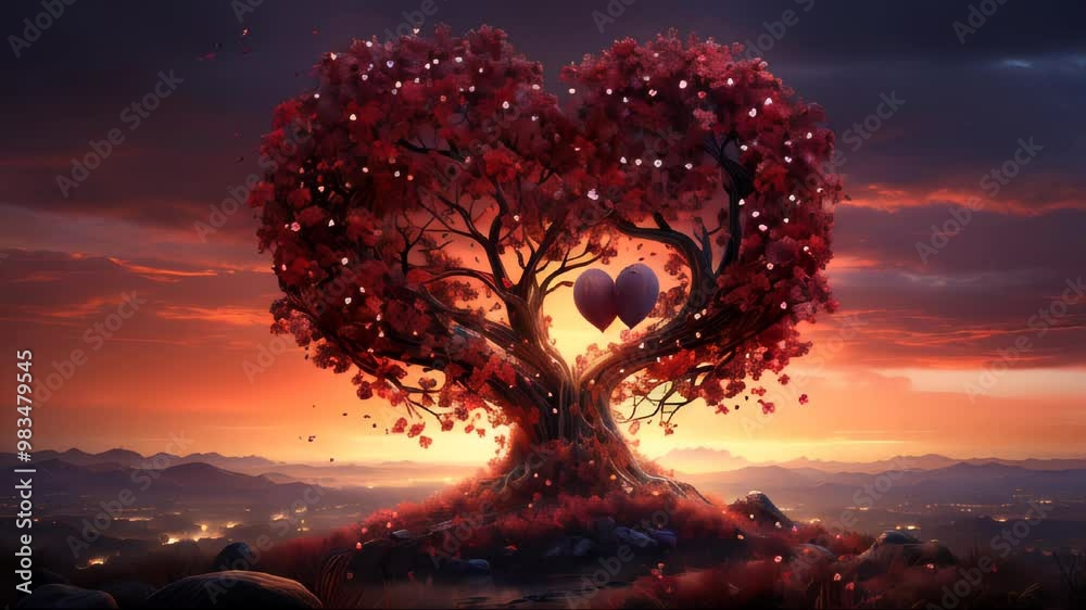 Red heart-shaped tree and pink heart leaves at a romantic sunset for Valentine's Day