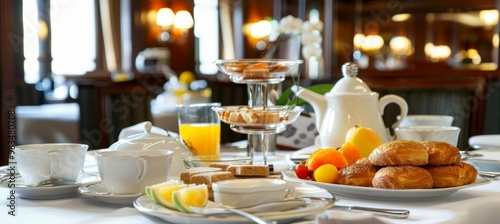 Elegant breakfast table displaying fresh fruits and delectable pastries for a perfect morning