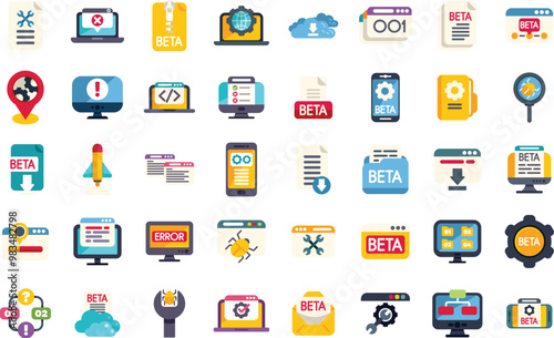 Set of colorful icons representing software testing, debugging, and the process of finding and fixing bugs in software development