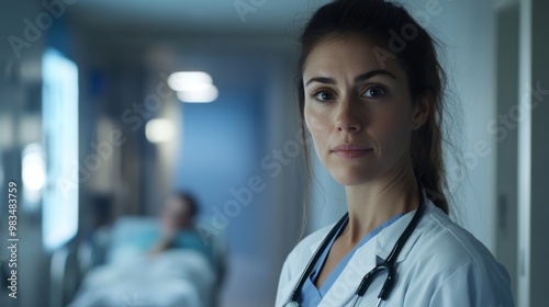 A Female Doctor in a Hospital Room, Focused on Patient Care