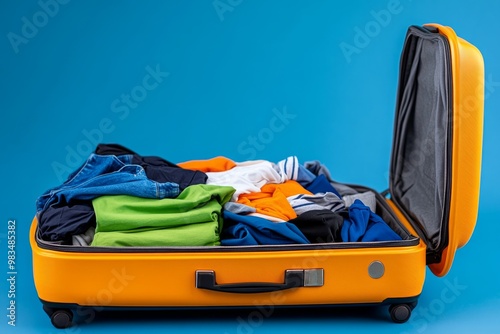 Open suitcase with clothes spilling out, ready for an exciting trip, symbolizing travel fever