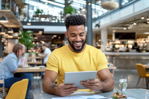 Professionals working on tablets, while enjoying a casual lunch in a bright, open restaurant setting