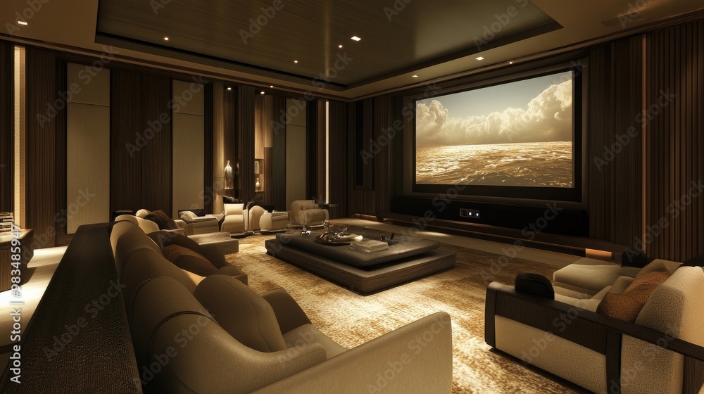 A contemporary media room with a large screen and plush seating A contemporary media room with a large screen and plush seating