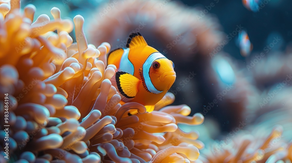 Clownfish (Amphiprion bicinctus), also known as Two-banded anemonefish, swimming in vibrant coral reefs of the Red Sea. Ideal for marine life, underwater, and ocean-themed visuals