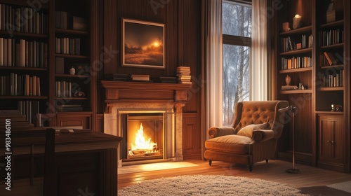A cozy home office with a fireplace and a plush armchair, perfect for relaxing after work