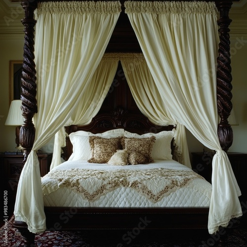 A four-poster bed with silk curtains, draped over a luxurious mattress and adorned with plush pillows