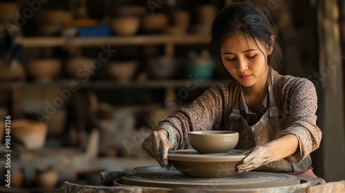 A woman works on a pottery wheel, concentrating on her craft.