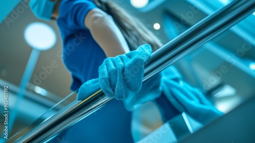 Close-up of a Hand Wearing a Blue Cleaning Glove and Holding a Metal Railing