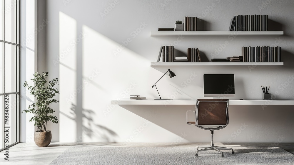 A minimalist home office with a floating desk and a wall-mounted bookshelf, featuring a minimalist aesthetic A minimalist home office with a floating desk and a wall-mounted bookshelf, featuring a minimalist aesthetic
