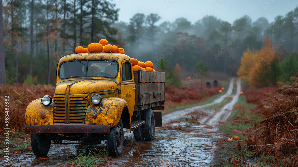 An old truck hauling pumpkins to a harvest festival on a country road on a rainy fall day. An old truck hauling pumpkins to a harvest festival on a country road on a rainy fall day.