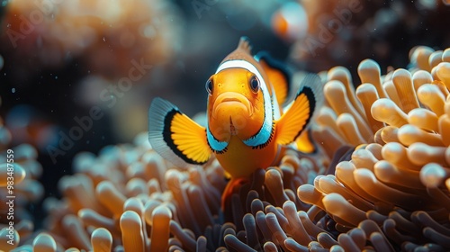 Clownfish (Amphiprion bicinctus), also known as Two-banded anemonefish, swimming in vibrant coral reefs of the Red Sea. Ideal for marine life, underwater, and ocean-themed visuals